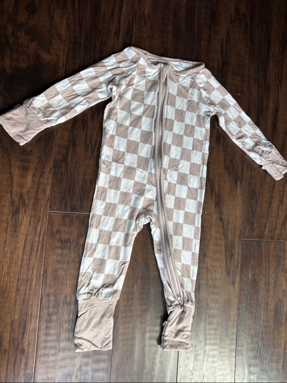 One Shop Checkerboard bamboo Zip One-Piece in Beige and Cream